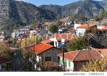 Platanistasa village showing traditional houses in autumn. Nicosia District, Cyprus 130692321