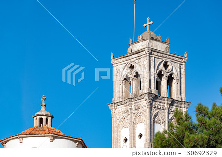 Church tower reaching for the sky in pano lefkara, cyprus 130692329