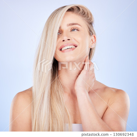 Hair care, face smile and beauty of woman in studio isolated on a background. Makeup cosmetics, thinking and happy young female model with salon treatment for hairstyle, blonde balayage and growth. 130692348