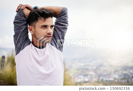 Man, fitness and stretching arms on mockup in nature for hiking, travel or outdoor exercise on mountain. Sport male in warm up arm stretch getting ready or preparation for trekking journey or workout 130692356