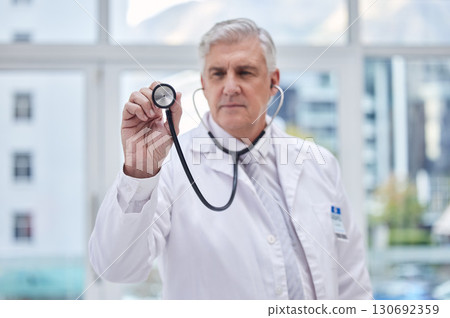 Doctor, stethoscope or listening man in hospital trust, healthcare wellness or life insurance support. Mature, medical or cardiology equipment for clinic worker, surgery expert or lungs professional Doctor, stethoscope or listening man in hospital trust, healthcare wellness or life insurance support. Mature, medical or cardiology equipment for clinic worker, surgery expert or lungs professional 130692359