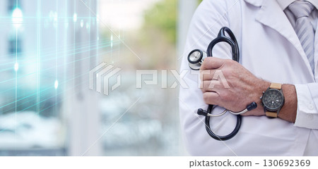 Doctor, arms crossed or stethoscope in hand on hospital mockup for futuristic healthcare, wellness or life insurance support. Zoom, man or confident medical for cardiology on 3d overlay abstract Doctor, arms crossed or stethoscope in hand on hospital mockup for futuristic healthcare, wellness or life insurance support. Zoom, man or confident medical for cardiology on 3d overlay abstract 130692369