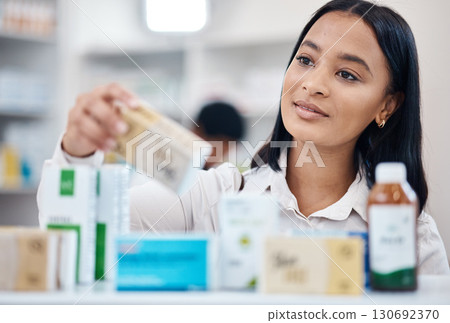 Client, pharmacy and woman with pills, medicine and in store for health, thinking and retail. Medical, female customer and lady with bottles, purchase and shopping for wellness, treatment and product Client, pharmacy and woman with pills, medicine and in store for health, thinking and retail. Medical, female customer and lady with bottles, purchase and shopping for wellness, treatment and product 130692370