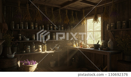Witch herb drying shed with hanging bundles mason jars powders mortar pestle 130692376