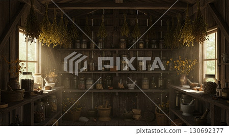 Witch herb drying shed with hanging bundles mason jars powders mortar pestle 130692377