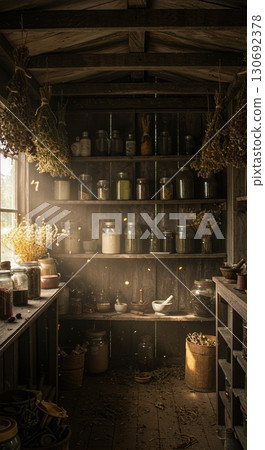 Witch herb drying shed with hanging bundles mason jars powders mortar pestle 130692378