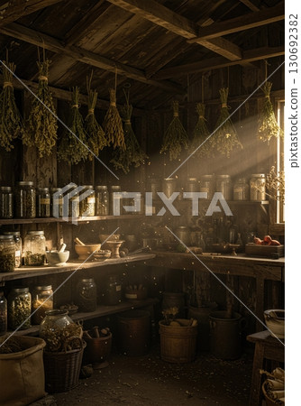 Witch herb drying shed with hanging bundles mason jars powders mortar pestle 130692382