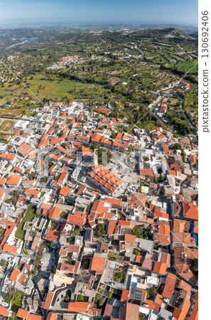 Aerial view of Pano Lefkara revealing traditional architecture and surrounding landscape in Cyprus Aerial view of Pano Lefkara revealing traditional architecture and surrounding landscape in Cyprus 130692406