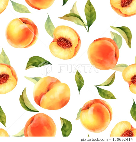 Hand-drawn seamless pattern of scattered ripe peaches and fresh green leaves on a white background. Perfect for summer textiles, packaging, or children's designs 130692414