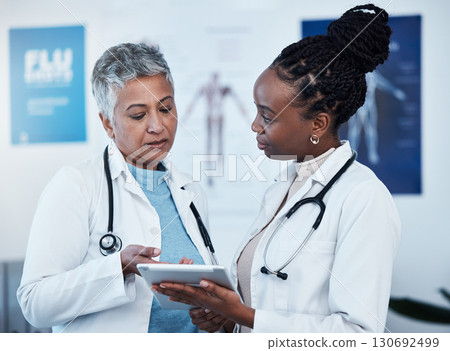 Team collaboration, tablet and doctors communication on medical research, healthcare study and review digital archive database. Teamwork, hospital clinic ui and nurse partnership on health results 130692499