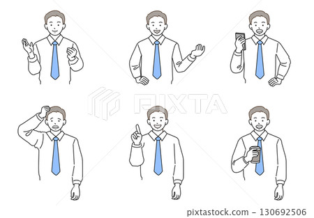 穿 Y 恤的商人,上身,線條畫,臉部表情和姿勢集 穿 Y 恤的商人,上身,線條畫,臉部表情和姿勢集 130692506