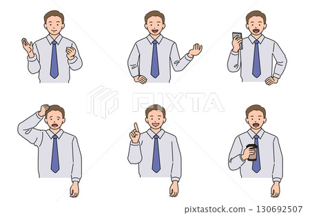 身穿 Y 恤的商人,上身,面部表情和姿勢集 身穿 Y 恤的商人,上身,面部表情和姿勢集 130692507