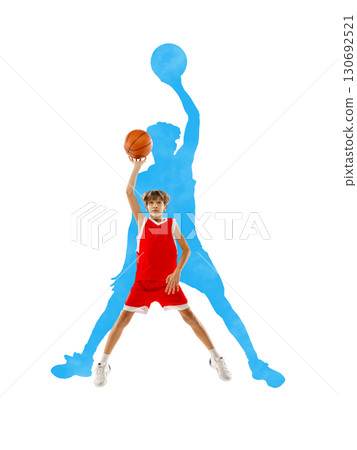 Digital artwork. Boy basketball player holding ball with blue athlete silhouette background 130692521