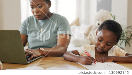 Laptop, remote work or education with a mother and daughter in the living room for distance learning. Computer, drawing or home business with a black woman and girl child in a house for growth 130692545