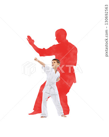 Collage of boy karate fighter in white kimono striking pose inside red athlete silhouette 130692563