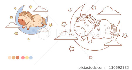Sleepy Horse on Moon with Clouds and Stars set. Outline Line and Color drawing, Coloring book. Isolated Cute Dreamy Pony Kawaii Animal. Vector illustration. Kids collection. Not AI Sleepy Horse on Moon with Clouds and Stars set. Outline Line and Color drawing, Coloring book. Isolated Cute Dreamy Pony Kawaii Animal. Vector illustration. Kids collection. Not AI 130692583