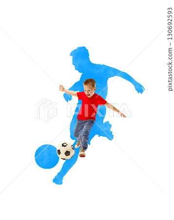 Creative collage. Little boy with soccer ball inside blue silhouette of football player 130692593