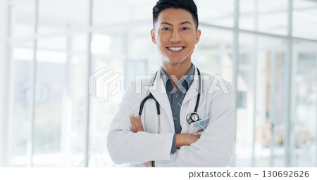 Medical, asian man and portrait of doctor in hospital for healthcare career in medicine or surgery in a clinic. Confident, happy and young surgeon, expert or medicare professional ready for surgery 130692626