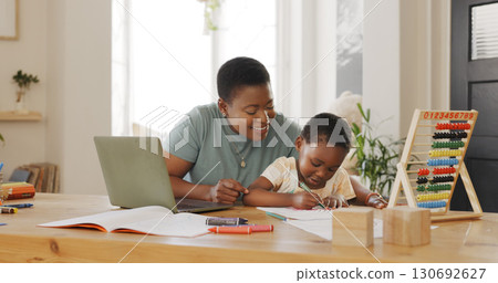 Education, laptop and mom doing elearning with student for knowledge development at home. Technology, online class and black woman helping boy kid with homework on computer in dining room at a house. Education, laptop and mom doing elearning with student for knowledge development at home. Technology, online class and black woman helping boy kid with homework on computer in dining room at a house. 130692627