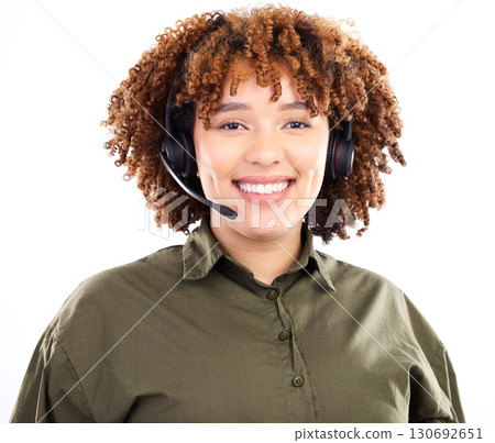 Call center, portrait or face of black woman in communication isolated on white background. Customer services, smile or happy sales agent with microphone helping at crm or technical support in studio Call center, portrait or face of black woman in communication isolated on white background. Customer services, smile or happy sales agent with microphone helping at crm or technical support in studio 130692651