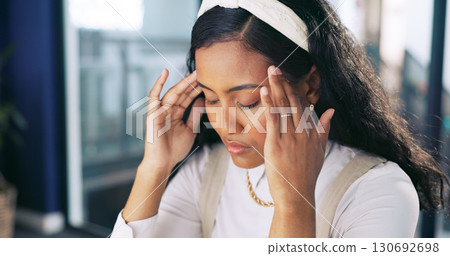 Headache, tired and stress of business woman or employee overworked in office. Frustrated, burnout and anxiety of creative professional with hand on head feeling fatigue with pain, crisis or mistake Headache, tired and stress of business woman or employee overworked in office. Frustrated, burnout and anxiety of creative professional with hand on head feeling fatigue with pain, crisis or mistake 130692698