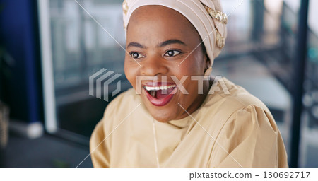 Wow, face and black woman with success in business or reading news of promotion, bonus or achievement in work. Worker, happiness and surprise notification, announcement or smile for winning a prize Wow, face and black woman with success in business or reading news of promotion, bonus or achievement in work. Worker, happiness and surprise notification, announcement or smile for winning a prize 130692717