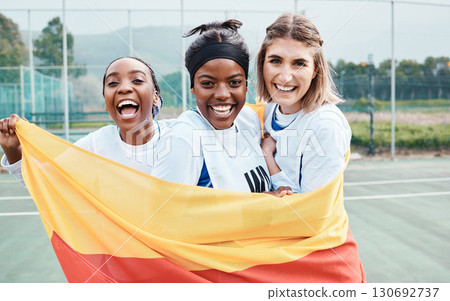 Winning netball, sports flag and team celebration, excited or celebrate competition award, victory winner or court game. Germany people, teamwork achievement and portrait of athlete happy for success Winning netball, sports flag and team celebration, excited or celebrate competition award, victory winner or court game. Germany people, teamwork achievement and portrait of athlete happy for success 130692737