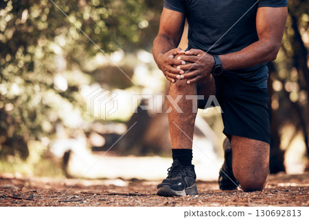 Senior hands, knee pain and injury in nature after accident, workout or training. Sports, athlete health and elderly black man with fibromyalgia, inflammation or tendinitis, arthritis or painful legs 130692813