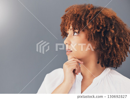 Ideas, thinking and black woman isolated on gray background scholarship, education or university decision. Contemplating, inspiration and young person, model or student with thoughtful idea in studio 130692827