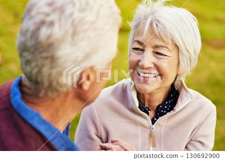 Old couple, relax in the park and smile, happiness together with bonding in nature, face with love and retirement. Happy, man and woman with travel, relationship with trust in marriage and commitment Old couple, relax in the park and smile, happiness together with bonding in nature, face with love and retirement. Happy, man and woman with travel, relationship with trust in marriage and commitment 130692900