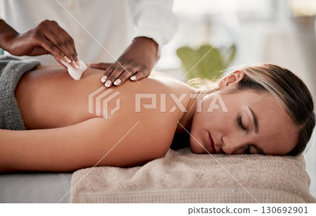 Spa, skincare and massage for woman with gua sha product for back pain, muscle and tension relief. Beauty salon, relax and girl with masseuse on a table with tool for spine, joint and inflammation Spa, skincare and massage for woman with gua sha product for back pain, muscle and tension relief. Beauty salon, relax and girl with masseuse on a table with tool for spine, joint and inflammation 130692901