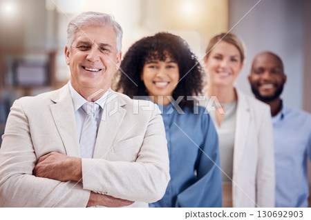 Portrait of proud business people and manager in career diversity. leadership and happy employees management. Senior boss, executive or ceo and black people for internship, hiring and corporate smile 130692903
