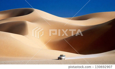 White Off Road Vehicle Driving Through Expansive Sand Dunes Under Clear Blue Sky 130692907