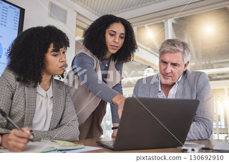 Training, business people on laptop for creative, collaboration or coaching on project review in office. Corporate, women and mentor with report, kpi and planning or teamwork idea for online proposal Training, business people on laptop for creative, collaboration or coaching on project review in office. Corporate, women and mentor with report, kpi and planning or teamwork idea for online proposal 130692910