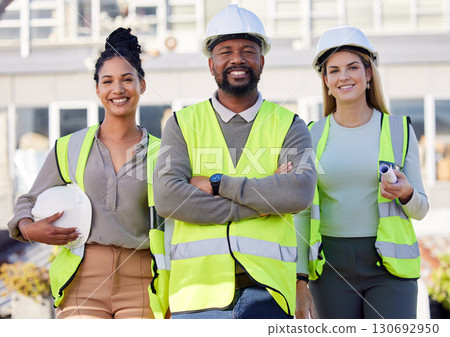 Architect, leader and black man construction worker, team smile in portrait with women and diversity. Architecture people, contractor and happy engineer group in building industry and collaboration Architect, leader and black man construction worker, team smile in portrait with women and diversity. Architecture people, contractor and happy engineer group in building industry and collaboration 130692950