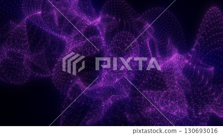 Vibrant purple particles form a dense mesh of light dots, floating through dark space in an energetic, abstract formation 130693016