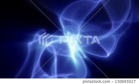 Blue glowing ribbons of light twist and fold through dark space, creating a soft and ethereal digital wave pattern 130693027