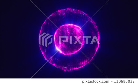 Vivid magenta energy core surrounded by radiant particles in a glowing digital sphere 130693032
