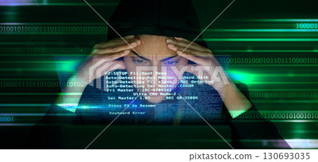 Hacker, code and stress with cyber crime, fear of getting caught and double exposure in IT, cybersecurity fail and software. Coding, programmer and glitch, person with headache and screen overlay Hacker, code and stress with cyber crime, fear of getting caught and double exposure in IT, cybersecurity fail and software. Coding, programmer and glitch, person with headache and screen overlay 130693035