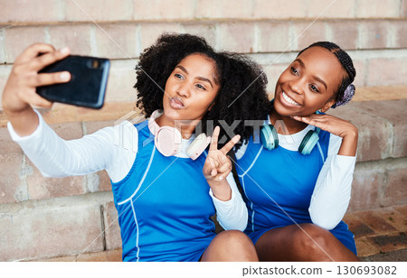 Sports, friends and selfie by netball team on steps with smile, hand and peace sign, happy and relax. Social media, girl and sport influencer pose for photo, profile picture or blog update outdoor Sports, friends and selfie by netball team on steps with smile, hand and peace sign, happy and relax. Social media, girl and sport influencer pose for photo, profile picture or blog update outdoor 130693082