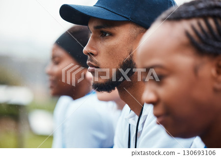 Sports, focus and coach with women for netball, training and competition with collaboration. Fitness, team and sport players with a man for coaching, together and support for practice or a game 130693106