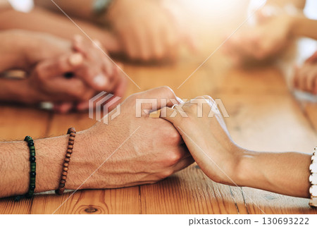 Holding hands, family and support by group of people together in unity, spiritual and faith in God and gratitude. Closeup, Solidarity, religion and hope in a home for worship due to grief 130693222