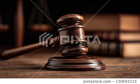 Wooden gavel resting on a polished wooden surface with law books in the background Wooden gavel resting on a polished wooden surface with law books in the background 130693233