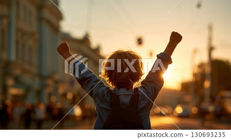 Young boy celebrating joyfully with raised arms against a sunset backdrop in an urban environment 130693235