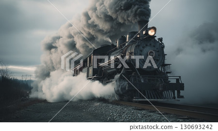 Vintage steam locomotive chugging along a misty track with billowing smoke and dramatic atmosphere 130693242