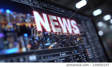 Digital screen displaying breaking news with vibrant city lights in the background at night 130693247
