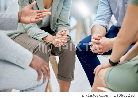 Hands, business people and support with therapy and group, mental health and team building with solidarity and trust. Diversity, help and advice, emotional and professional growth with counselling 130693256