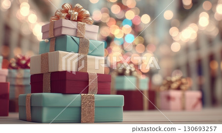 Colorful stacked gift boxes with festive ribbons and blurred holiday lights in the background 130693257
