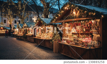Festive holiday market with illuminated wooden stalls and decorations in a winter evening setting 130693258