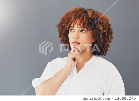 Thinking, idea and black woman isolated on gray background scholarship, education or university decision. Contemplating, inspiration and young person, model or student with thoughtful ideas in studio 130693270